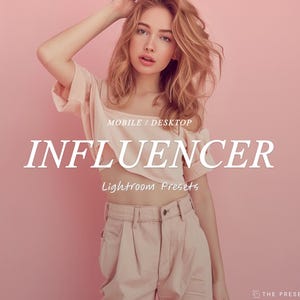 May include: A woman with long blonde hair is wearing a pink shirt and trousers. The text "INFLUENCER Lightroom Presets" is displayed on a pink background.