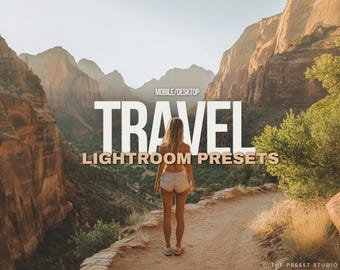 May include: A woman standing on a path in a canyon, with the text "TRAVEL LIGHTROOM PRESETS" in white letters on a brown background.