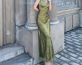 Vestido largo de satén verde vintage francés, vestido sin espalda con cuello en V, vestido Cottagecore, vestido de hadas, vestido de lechera, vestido de pradera, vestido de fiesta Y2K