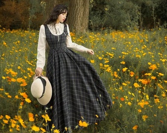 Herbst Cottagecore Kleid,Vintage Viktorianisches Kleid,Dunkle Academia Kleid,Prärie Kleid,Französisch Vintage Kariertes Kleid,Feen Kleid,Milchmädchen Kleid