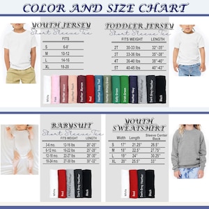 May include: A colour and size chart for youth and toddler short sleeve tees, baby suits, and youth sweatshirts. The chart includes measurements in inches and pounds, with a variety of colours available, including white, red, and black.