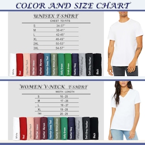 May include: A colour and size chart for unisex and women's V-neck t-shirts. The chart provides chest measurements for unisex shirts and width-length measurements for women's shirts. Various colours are shown, including white, red, and black.
