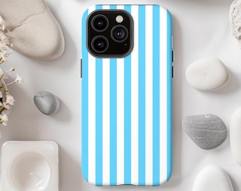 Striped Light Blue and White iPhone Case 17 16 15 14 13 12 11 X Pro Plus Mini Tough Phone Case Vertical Stripes Pattern Gift for Him Her