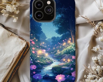FLORAL NIGHT LANDSCAPE iPhone Case 16 15 14 13 12 11 X 8 7 Pro Plus Mini Tough Phone Case Flowers Magical River Cute Summer Beautiful Pretty