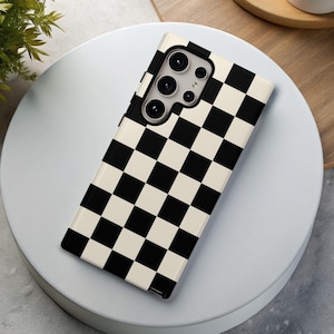 BLACK CREAM CHECKERED Phone Case for Samsung Galaxy s25 s24 s23 s22 s21 s20 s10 Google Pixel 9 8 7 Tough Phone Case Check Pattern Gift