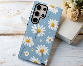 WHITE DAISIES Phone Case for Samsung Galaxy s26 s25 s24 s23 s22 s21 s20 Google Pixel 8 7 6 Tough Case White Daisy Spring Flower Floral Blue