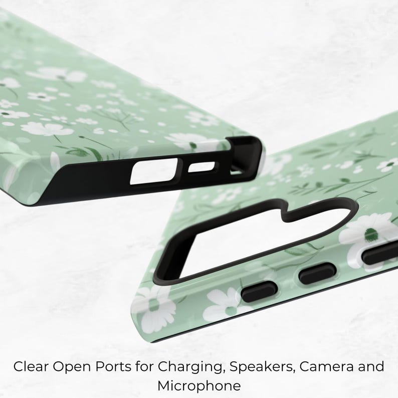 May include: A green phone case with a white floral pattern. The case has cutouts for the camera, charging port, and speakers.