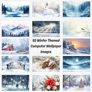 May include: A collection of 92 winter-themed computer wallpaper images. The images feature a variety of winter scenes, including snow-covered landscapes, frozen waterfalls, and cozy cabins.