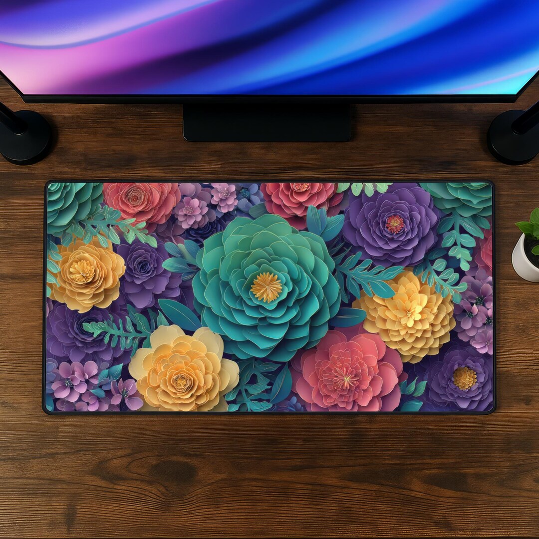 Floral Computer Mat COLORFUL PAPERCUT FLOWERS Desk Mat - Computer Mouse Pad - Office Decor ...