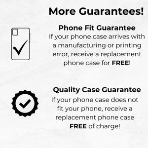 May include: Illustration of two phone cases with checkmarks, guaranteeing a free replacement if there is a manufacturing or printing error or if the case does not fit the phone.