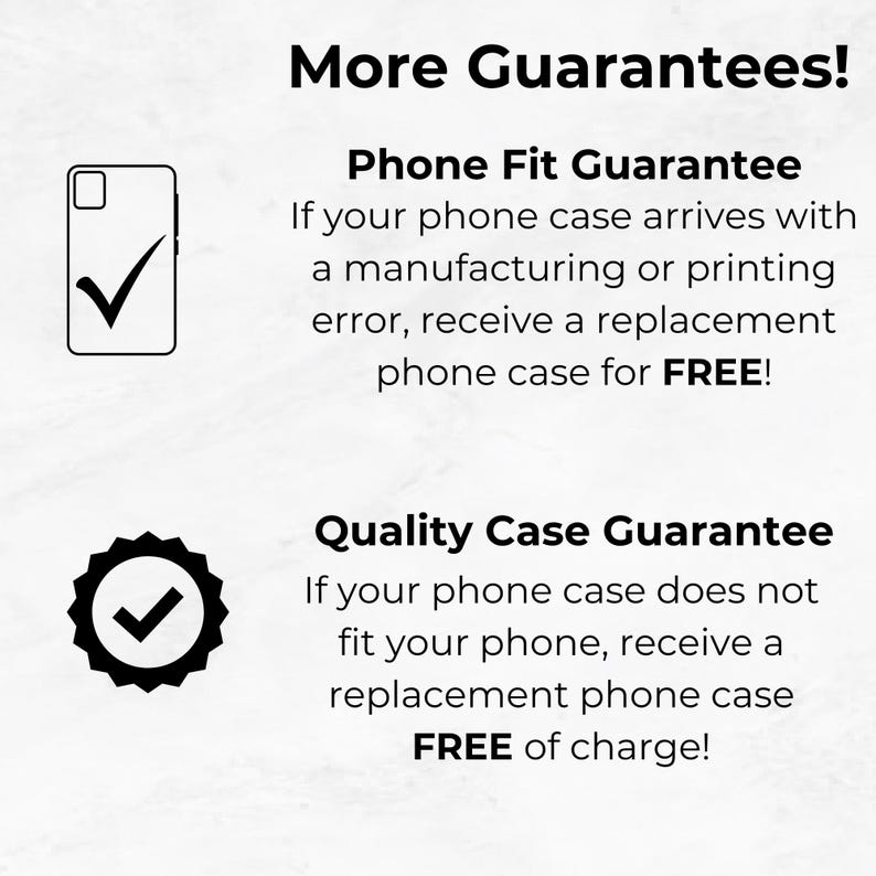 May include: Illustration of two phone cases with checkmarks, guaranteeing a free replacement if there is a manufacturing or printing error or if the case does not fit the phone.