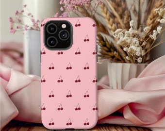 Cherry Pattern on Pink iPhone Case 17 16 15 14 13 12 11 X Pro Plus Mini Tough Phone Case Cute Cherries Design Gift for Her Gift for Wife