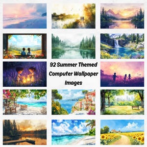 May include: A collection of 12 watercolor-style summer-themed computer wallpaper images. The images depict various scenic landscapes, including beaches, lakes, forests, and fields, with soft color palettes and serene atmospheres. The text "92 Summer Themed Computer Wallpaper Images" is displayed.