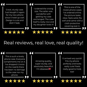 May include: A collage of customer reviews for phone cases. Each review includes a quote, a five-star rating, and a description of the case. The reviews highlight the quality, durability, and style of the cases.