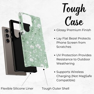 May include: A tough phone case with a floral design. The case is made from a durable material and has a glossy finish. It also features a lay flat bezel to protect the phone screen from scratches and UV protection to resist outdoor weathering. The case supports wireless charging but is not compatible with MagSafe.