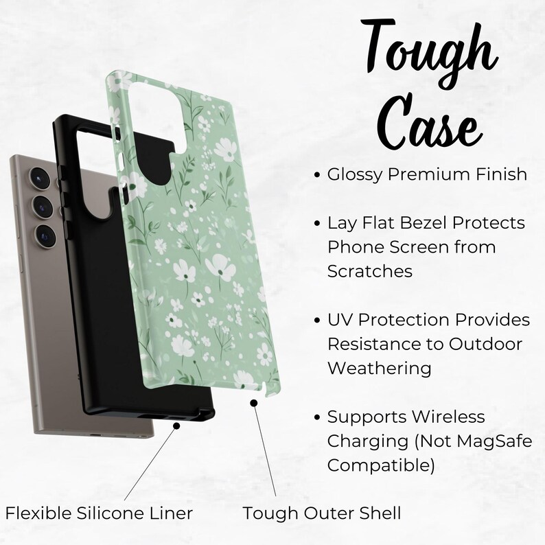 May include: A tough phone case with a floral design. The case is made from a durable material and has a glossy finish. It also features a lay flat bezel to protect the phone screen from scratches and UV protection to resist outdoor weathering. The case supports wireless charging but is not compatible with MagSafe.