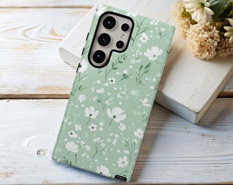 GREEN FLORAL Phone Case for Samsung Galaxy s26 s25 s24 s23 s22 s21 s20 Google Pixel 9 8 7 6 Tough Phone Case Cute Flowers Phone Case Design
