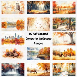 92 Immagini di sfondi per computer autunnali FALL Download digitale istantaneo JPEG 4K 300 DPI Acquerello 16:9 Paesaggio Paesaggio urbano Animali Fiori
