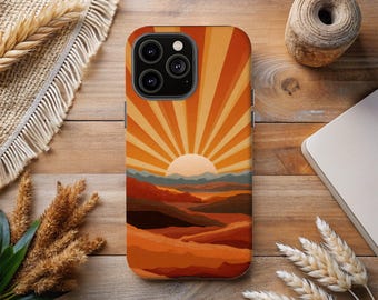 DESERT SUNSET iPhone Case 16 15 14 13 12 11 X 8 7 Pro Plus Mini Tough Phone Case Retro Sunrise Western Landscape Vintage Sunburst Shockproof