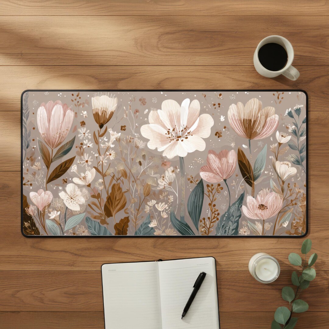 BEIGE AESTHETIC FLORAL Desk Mat - Computer Mouse Pad - Office Decor ...