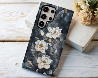 Stained Glass White Flowers Phone Case for Samsung Galaxy s26 s25 s24 s23 s22 s21 s20 Google Pixel 9 8 Tough Phone Case Floral Gift for Her