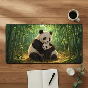 May include: A rectangular desk mat featuring a heartwarming illustration of two pandas embracing in a bamboo forest. The pandas are black and white, set against a backdrop of green bamboo stalks. The mat is on a wooden surface.