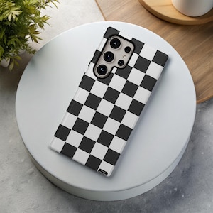 BLACK WHITE CHECKERED Phone Case for Samsung Galaxy s25 s24 s23 s22 s21 s20 s10 Google Pixel 9 8 7 6 Tough Phone Case Cute Check Pattern