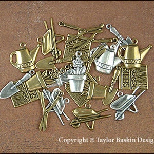 Antiqued Sterling Silver Plated and Polished Antiqued Brass Gardening Charms. 12 piece mixed lot.
