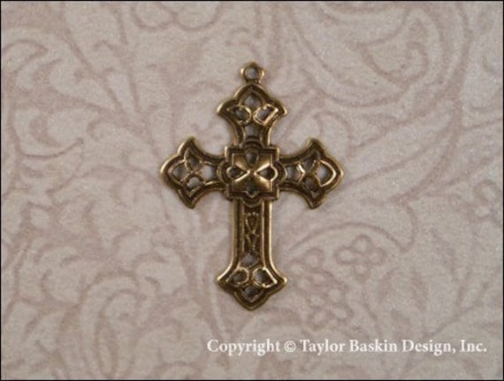 4 pieces Made in the USA Antiqued Brass Vintage Design Art Nouveau Filigree Cross Drop