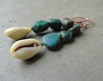 African Bohemian Earrings. Genuine Turquoise Bead Earrings. Southwestern Style Jewelry. Cowrie Shell Copper Earrings.