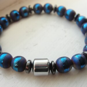 W'Kabi. Hematite and Blue Striped Agate Gemstone Beaded Stretch Bracelet. Men Unisex. image 1