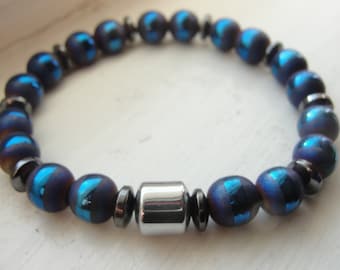 W'Kabi. Hematite and Blue Striped Agate Gemstone Beaded Stretch Bracelet. Men Unisex.