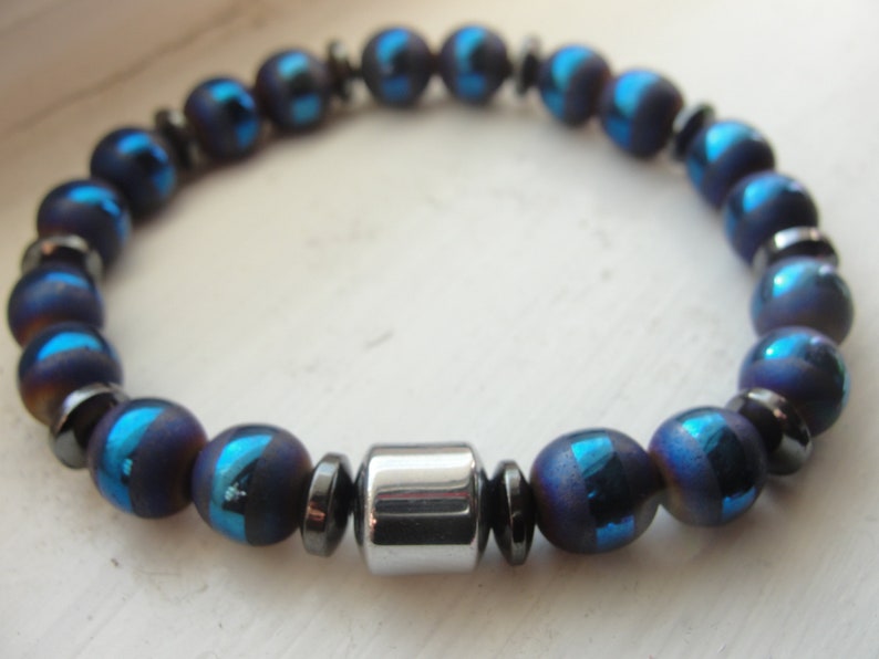 W'Kabi. Hematite and Blue Striped Agate Gemstone Beaded Stretch Bracelet. Men Unisex. image 1