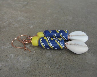 African Earrings. Trade Bead Earrings. Blue and Yellow Jewelry. Ghana Recycled Glass Earrings. Cowrie Shell Copper Earrings.