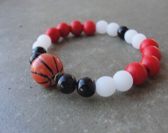 Chicago Bulls Basketball Fan Bracelet. Red Black White Beaded Jewelry. Basketball Mom Jewelry. Basketball Focal Bead.