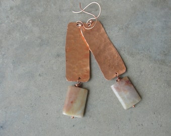 Hammered Shiny  Copper Rectangle Earrings. Amazonite Gemstones. Minimalist Jewelry. Southwestern Style Earrings. Boho Chic.