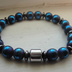 W'Kabi. Hematite and Blue Striped Agate Gemstone Beaded Stretch Bracelet. Men Unisex. image 2