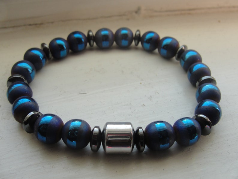 W'Kabi. Hematite and Blue Striped Agate Gemstone Beaded Stretch Bracelet. Men Unisex. image 2