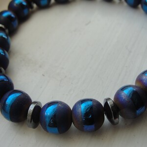 W'Kabi. Hematite and Blue Striped Agate Gemstone Beaded Stretch Bracelet. Men Unisex. image 4