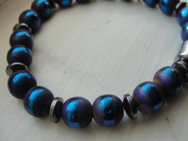 W'Kabi. Hematite and Blue Striped Agate Gemstone Beaded Stretch Bracelet. Men Unisex. image 4