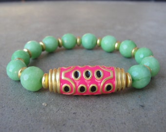 Brass Pink Enamel Focal Bead and Faceted Lime Green Agate Gemstone Beaded Stretch Bracelet. Gold Brass Accent Beads. Handmade Jewelry.