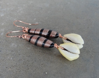 African Bohemian Earrings. Lampwork Bead Jewelry. Black and Rose Gold Metallic Earrings. Cowrie Shell Copper Earrings.