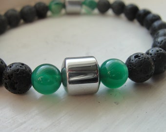 Killmonger. Green Onyx and Lava Stone Gemstones. Hematite Mens and Unisex Beaded Stretch Bracelet.