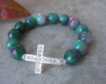 CZ Pave Cross. Beaded Stretch Bracelet. Faceted Green Pink Agate Gemstone Bracelet. Christian Woman Jewelry.