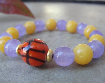 LSU Basketball Mom Fan Bracelet. Purple and Gold Agate Beaded Bracelet. Lampwork Basketball Glass Bead. Women Stretch Bracelet.