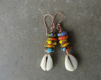 African Bohemian Earrings. Trade Bead Earrings. Colorful Jewelry. Ghana Recycled Glass Earrings. Cowrie Shell Copper Earrings.