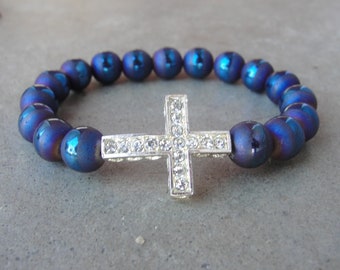 CZ Pave Cross. Beaded Stretch Bracelet. Royal Blue Agate Gemstone Bracelet. Christian Woman Jewelry.