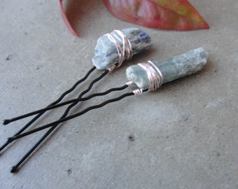 Kyanite Quartz Hair Pins. Wire Wrapped Loc Braid Top Knot Jewelry. Crystal Hair Jewelry. Boho Hair Accessory.