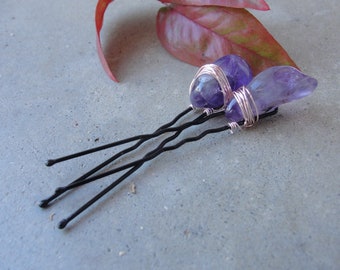 Purple Amethyst Hair Pins. Wire Wrapped Loc Braid Top Knot Jewelry. Crystal Hair Jewelry. Boho Hair Accessory.