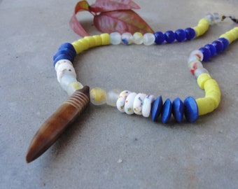 African Bohemian Inspired Colorful Necklace. Ghana Glass Beaded Necklace. Horn Tusk Pendant. Kenyan Cow Bone Beads. Men Unisex Jewelry.